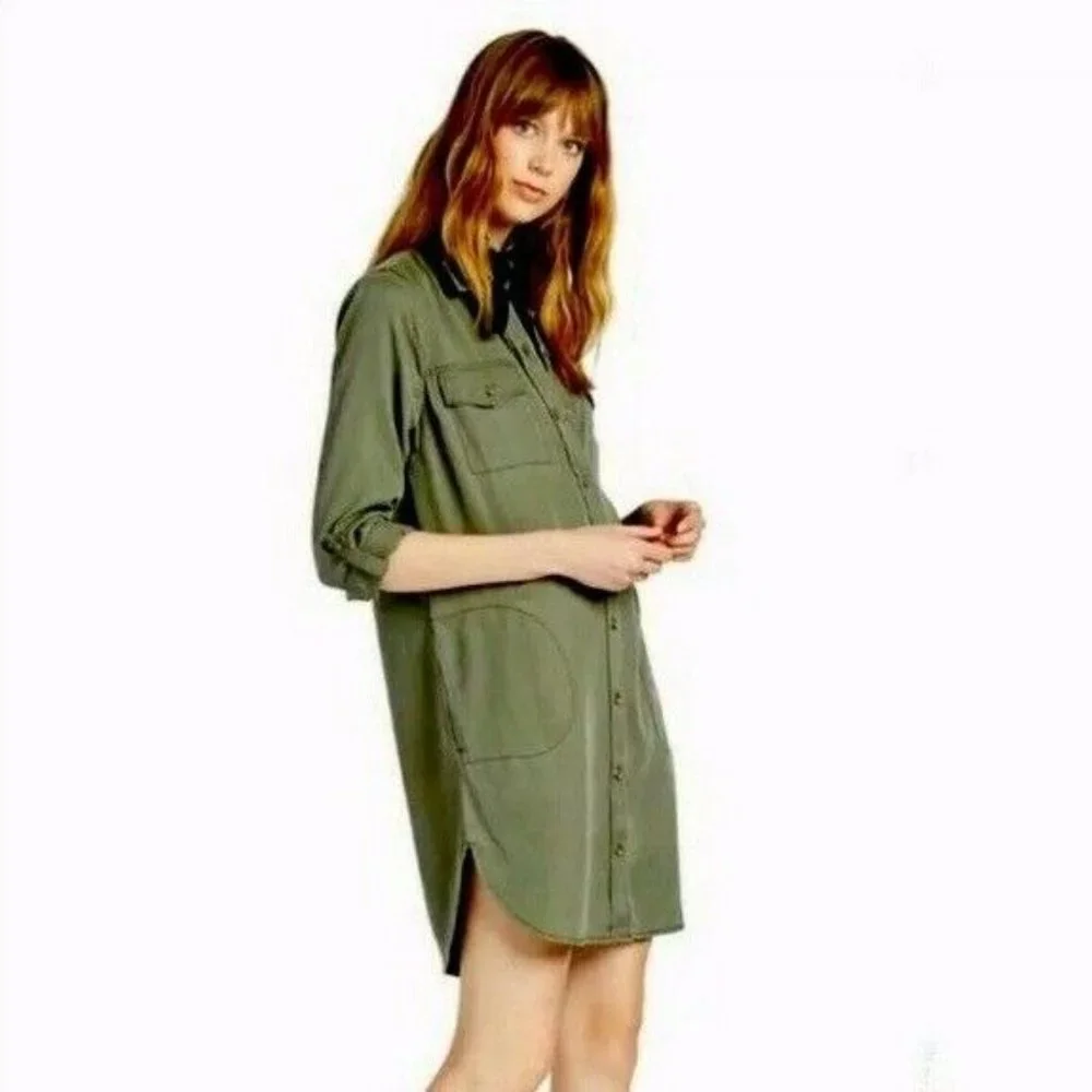 Lucky Brand Shirt Dress Olive Green Button Down Roll Tab Long Sleeve